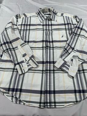 Nautica White Plaid Long-Sleeve Button-Down Shirt with Navy & Tan Stripes